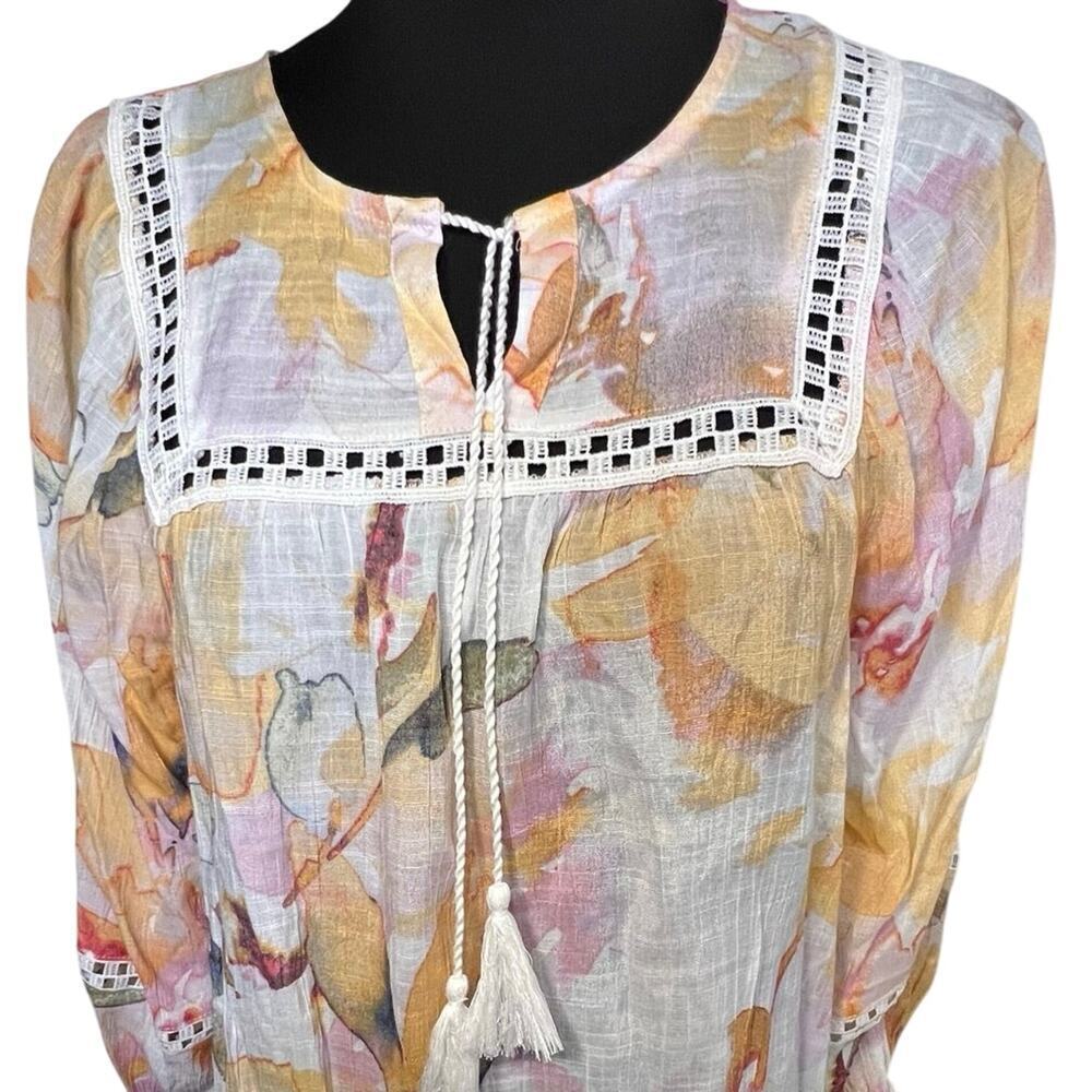 Hope & Harlow women Sz M crocheted embroidered window‎ pane, sheer crape tunic
￼